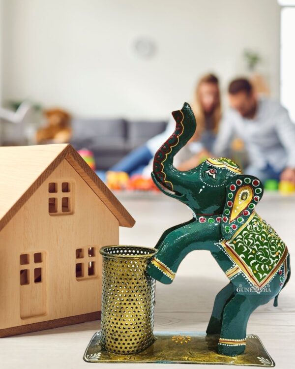 Metal Painted Handicrafted Elephant Pen Stand - Image 2